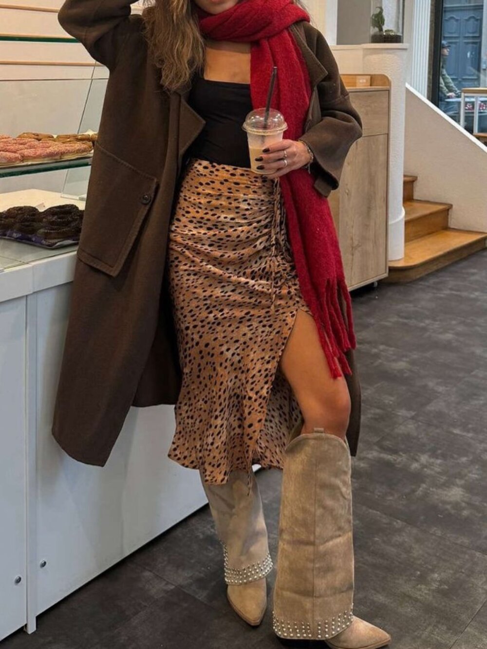Cider Leopard Print Ruched Drawstring Midi Skirt Brown S